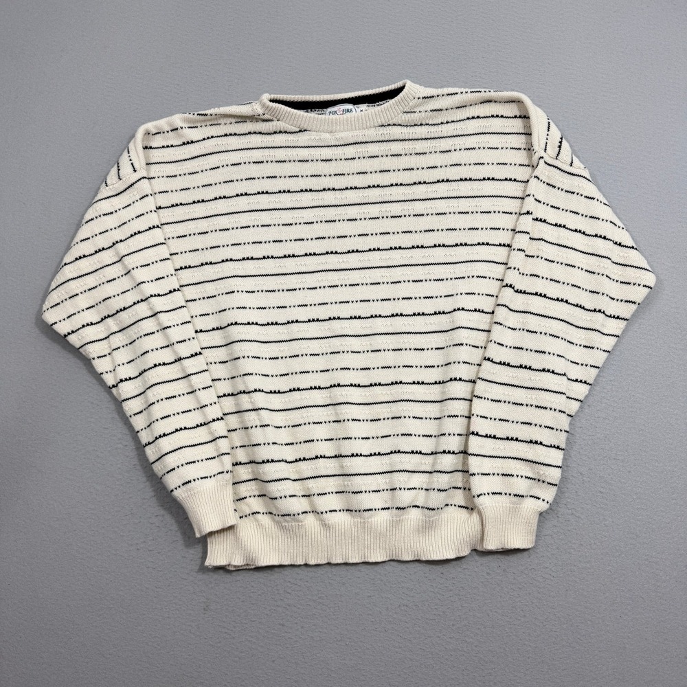 Vintage Fox Fire Sweater Mens 2XL Cream Striped Crewneck USA Cotton Knit Cabin
